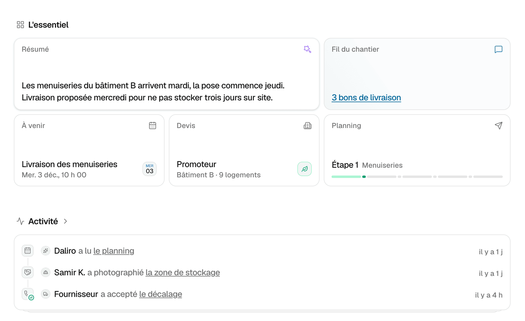 Daliro : l'essentiel d'un chantier — résumé de la semaine, bons de livraison reçus, rendez-vous à venir, planning et activité de l'équipe.