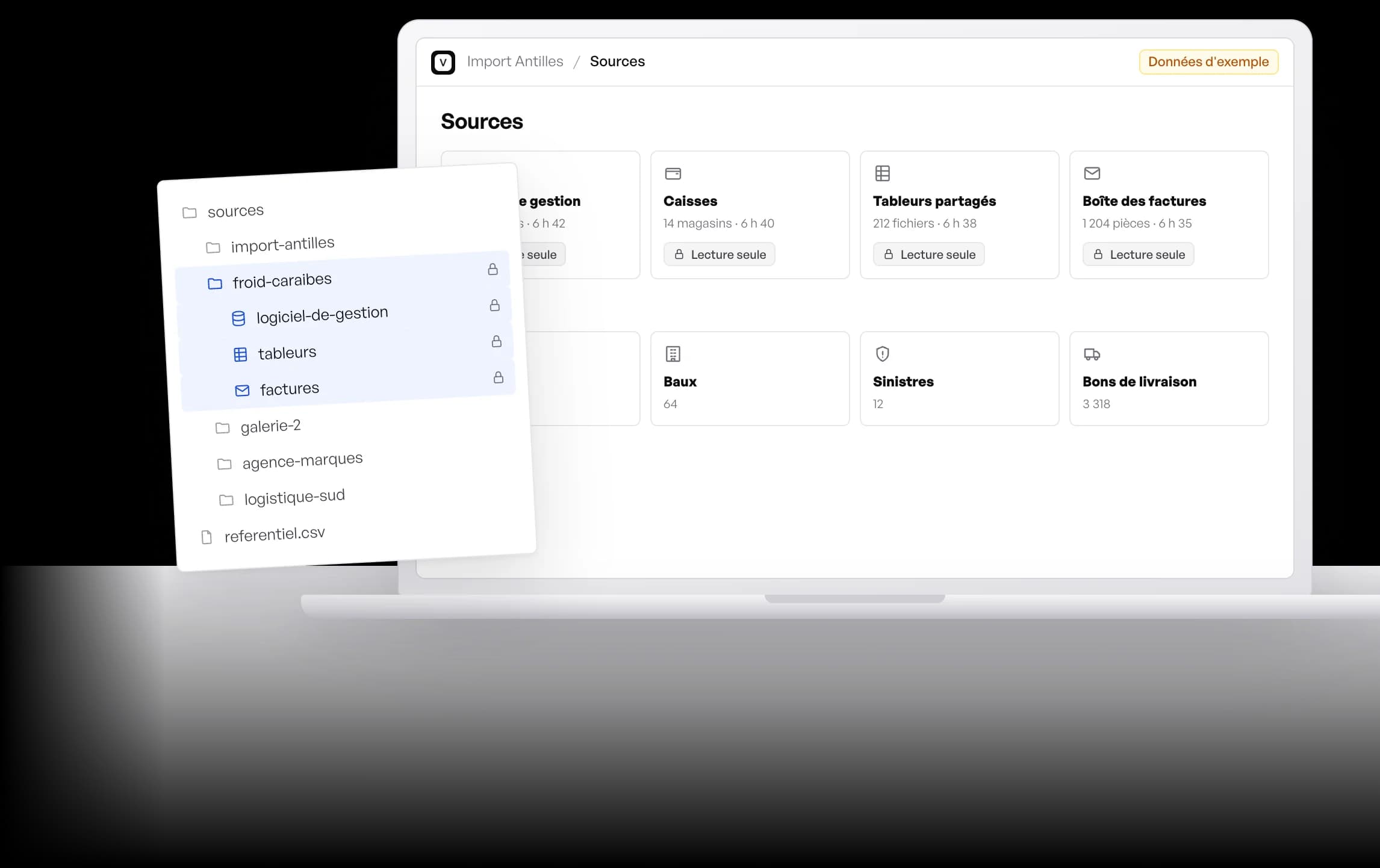 Les sources d'une société branchées en lecture seule : logiciel de gestion, caisses, tableurs et documents.